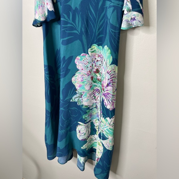Anthropologie Maeve Elia Open Shoulder Midi Fit Flare Floral Teal dress Sz 0 - Picture 6 of 15